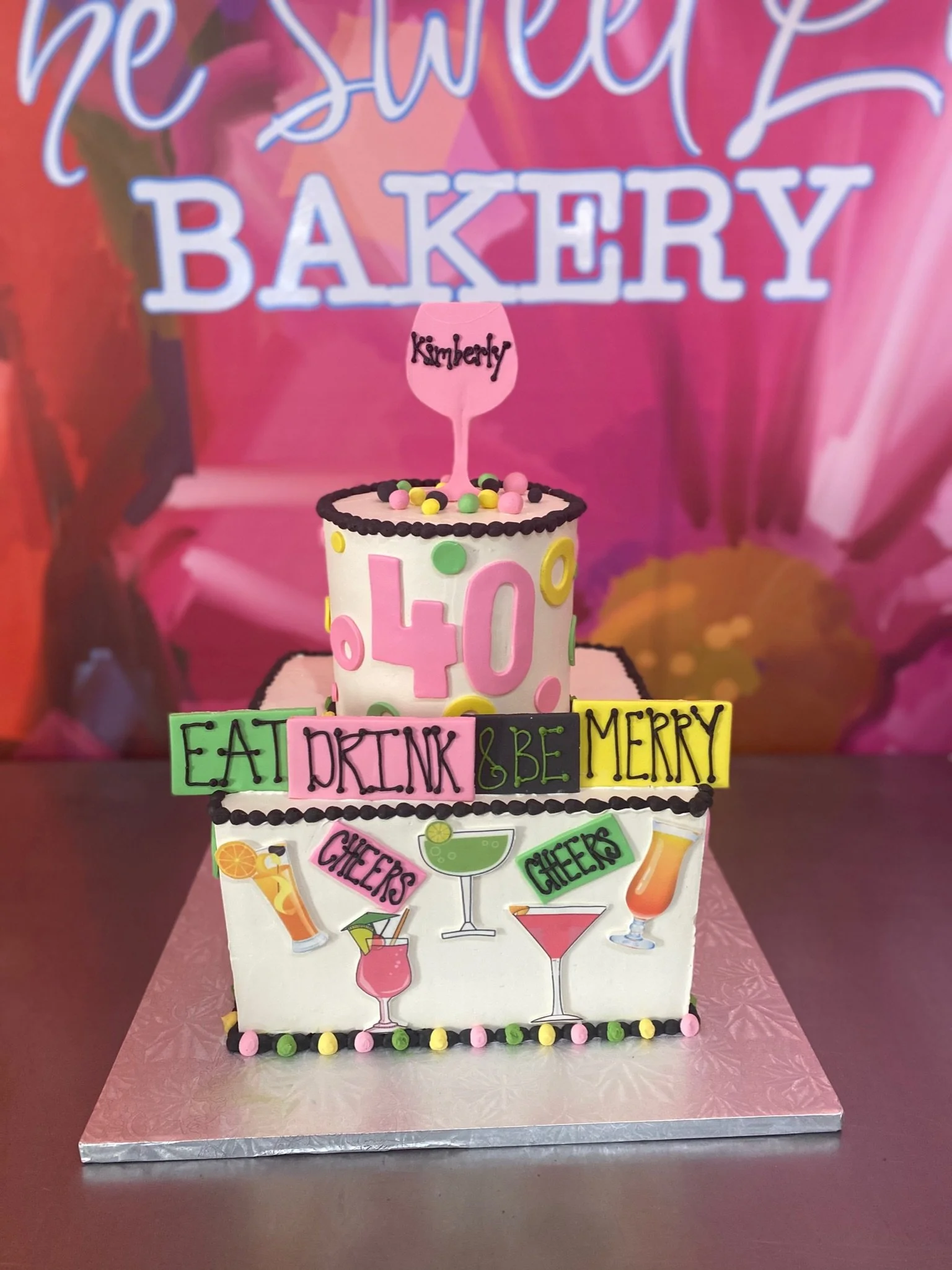 Pink colorful birthday party sweets dessert tier cake