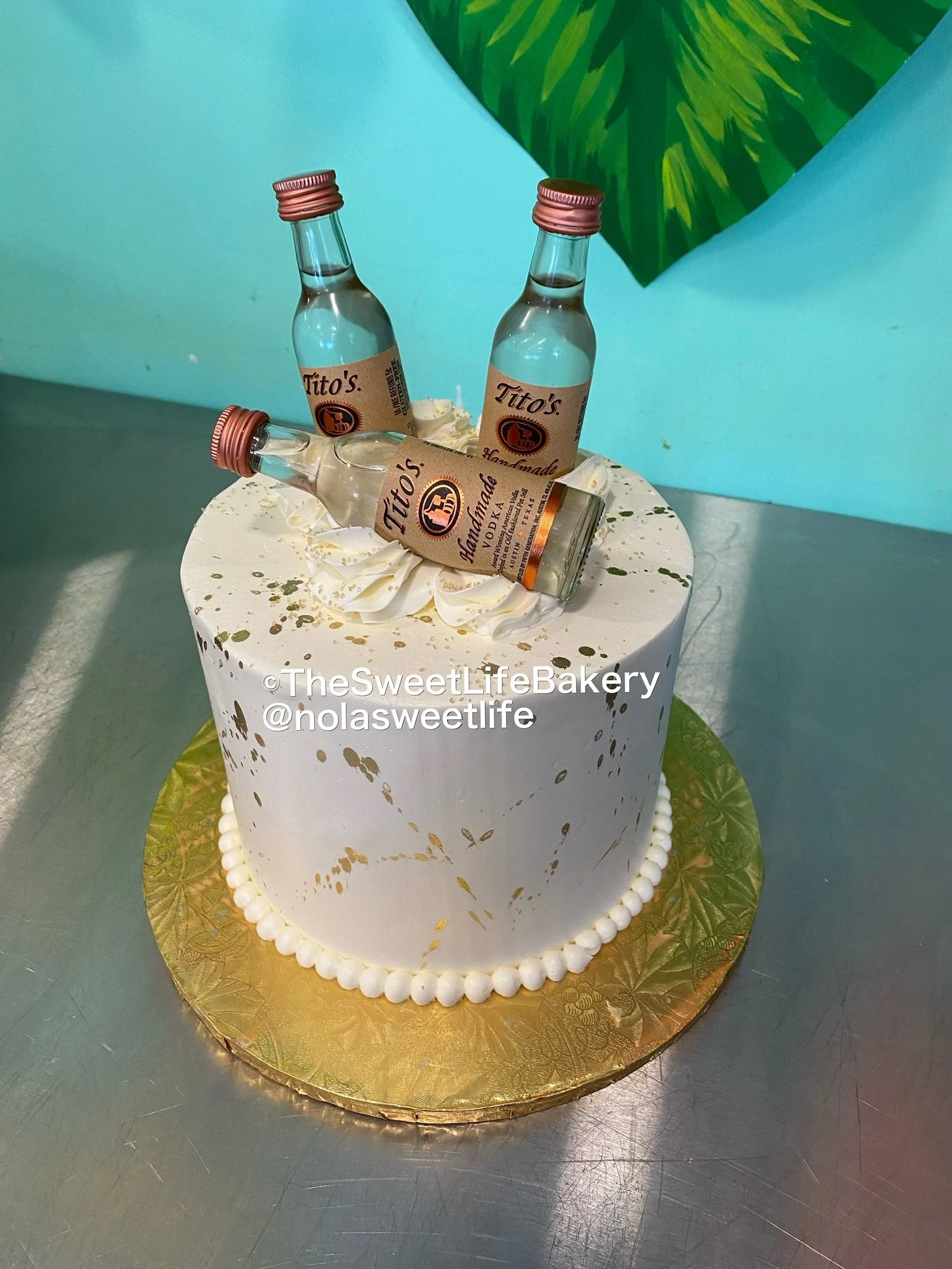 White gray drip cake mini soda bottles