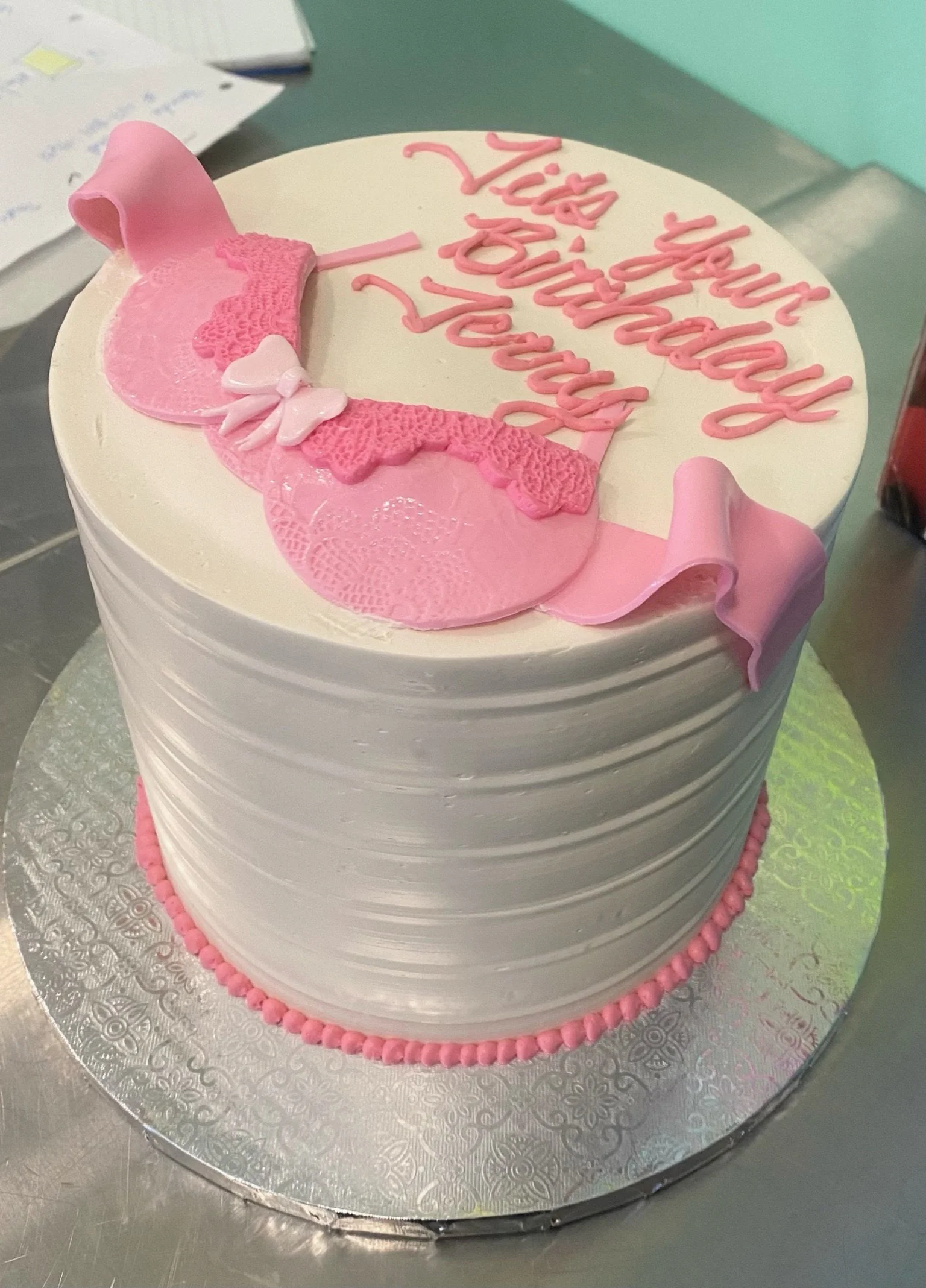 Pink white baby shower birthday cake