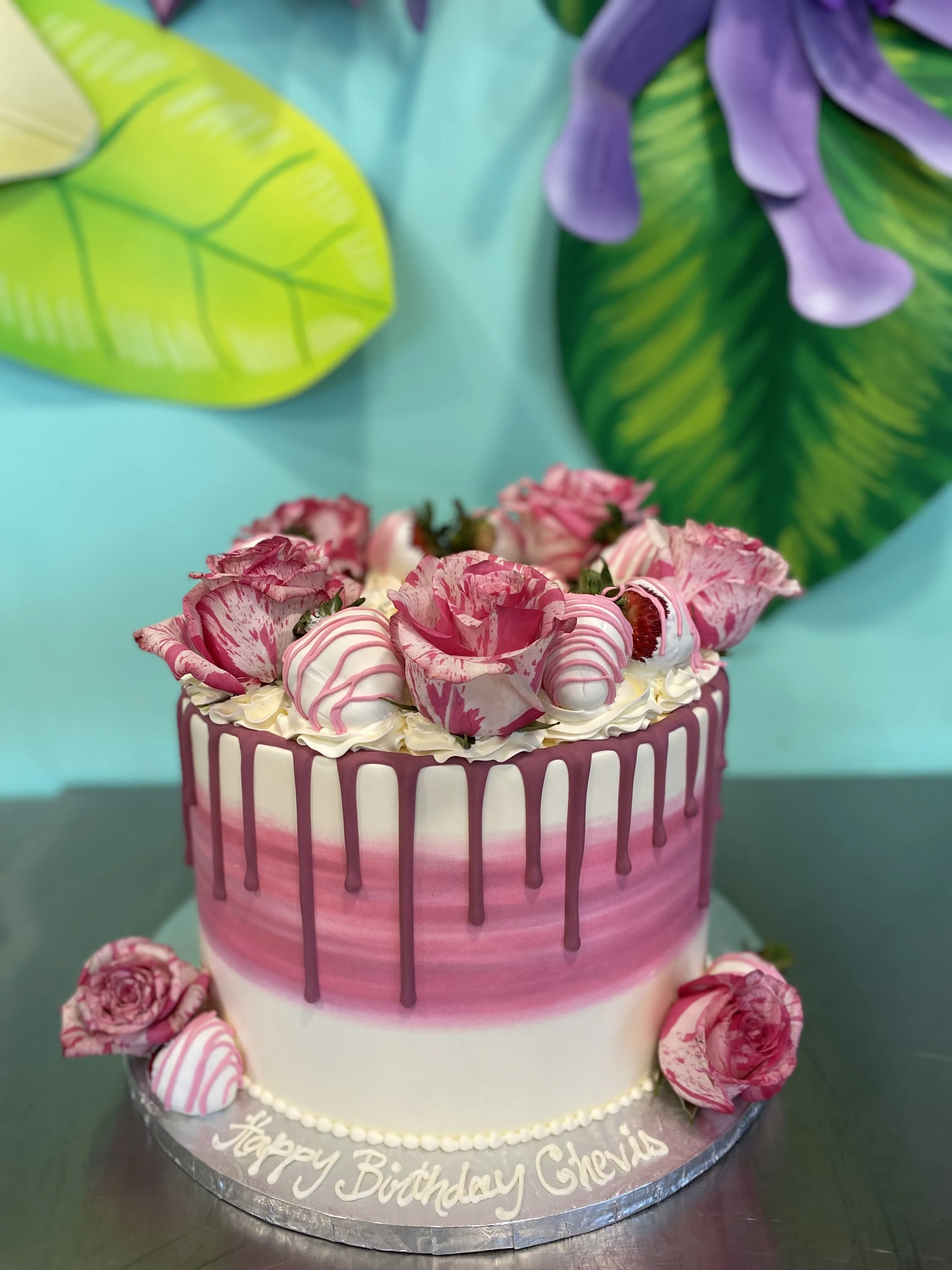 Pink rose chocolate drip round cake