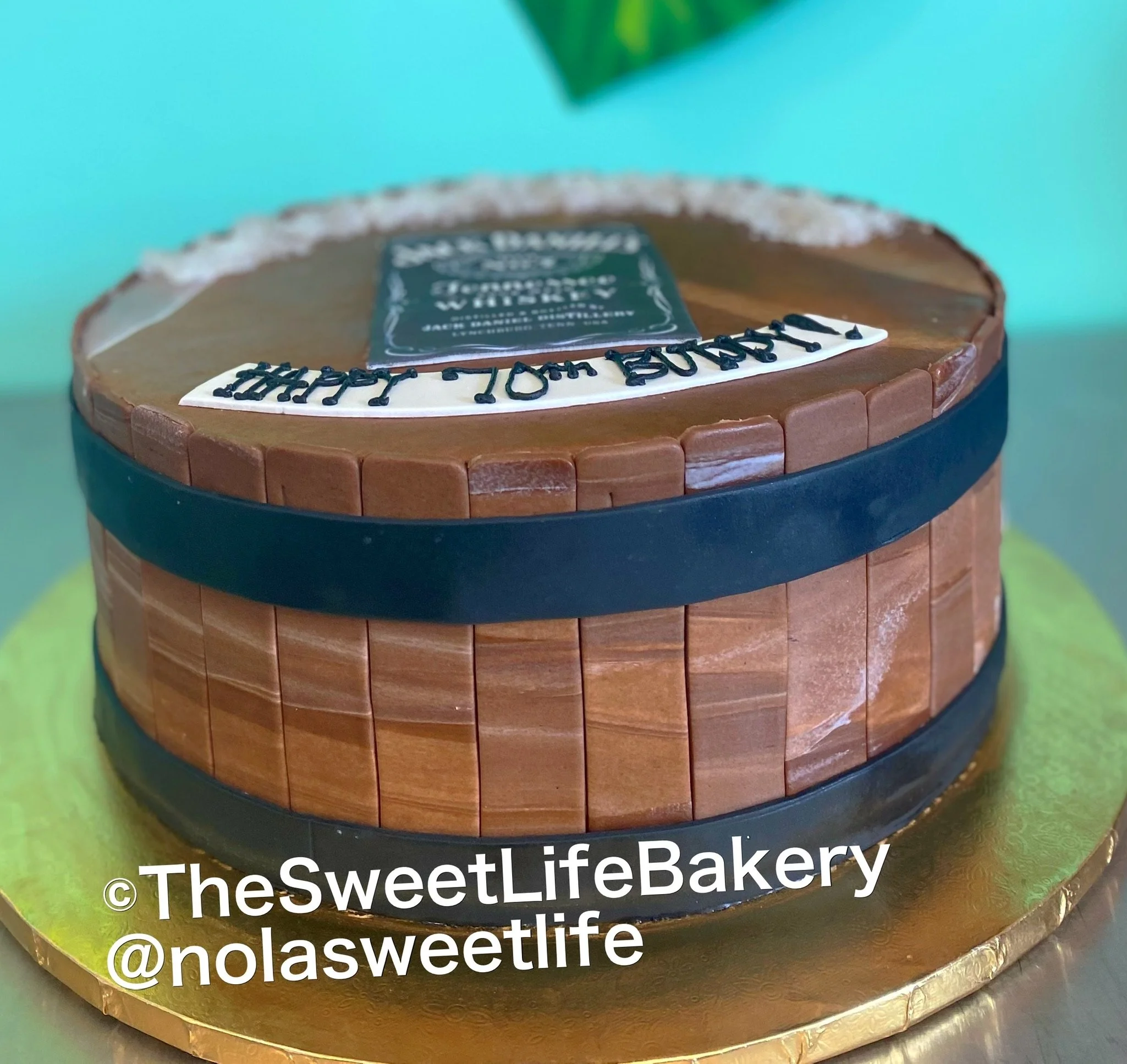 Wood barrel whiskey bourbon themed cake