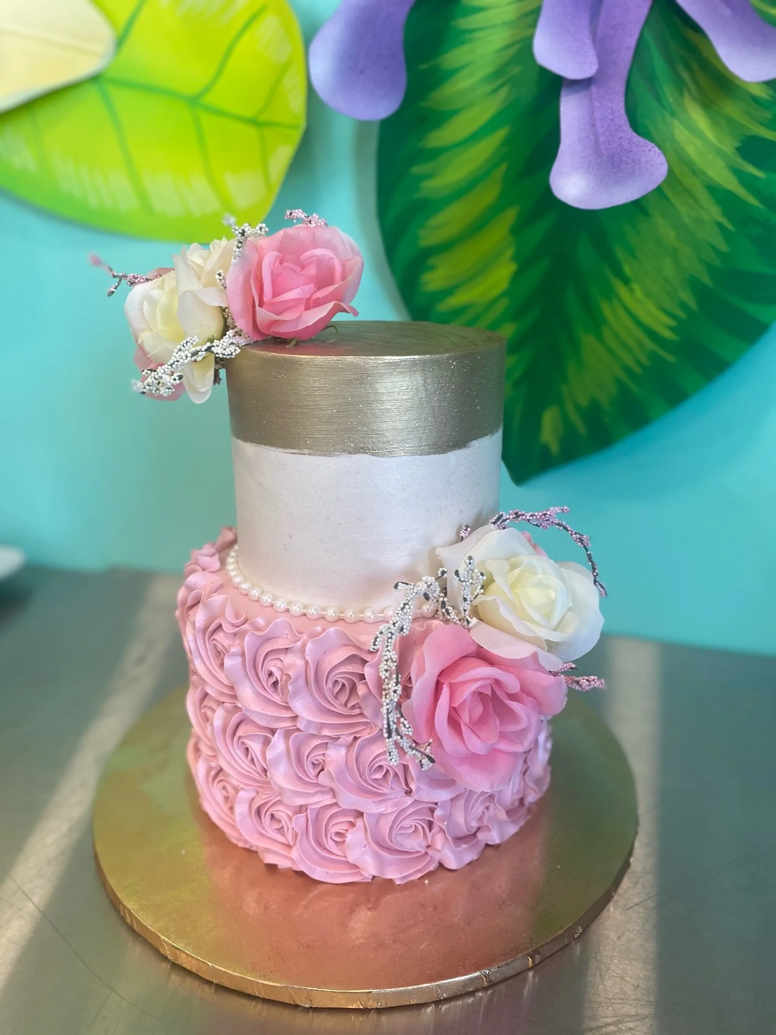 Pink white rose floral celebration cake