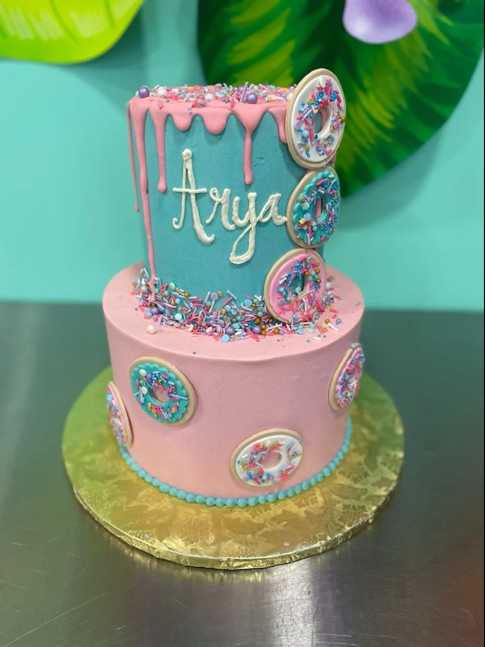 Pink teal gold heart cake birthday