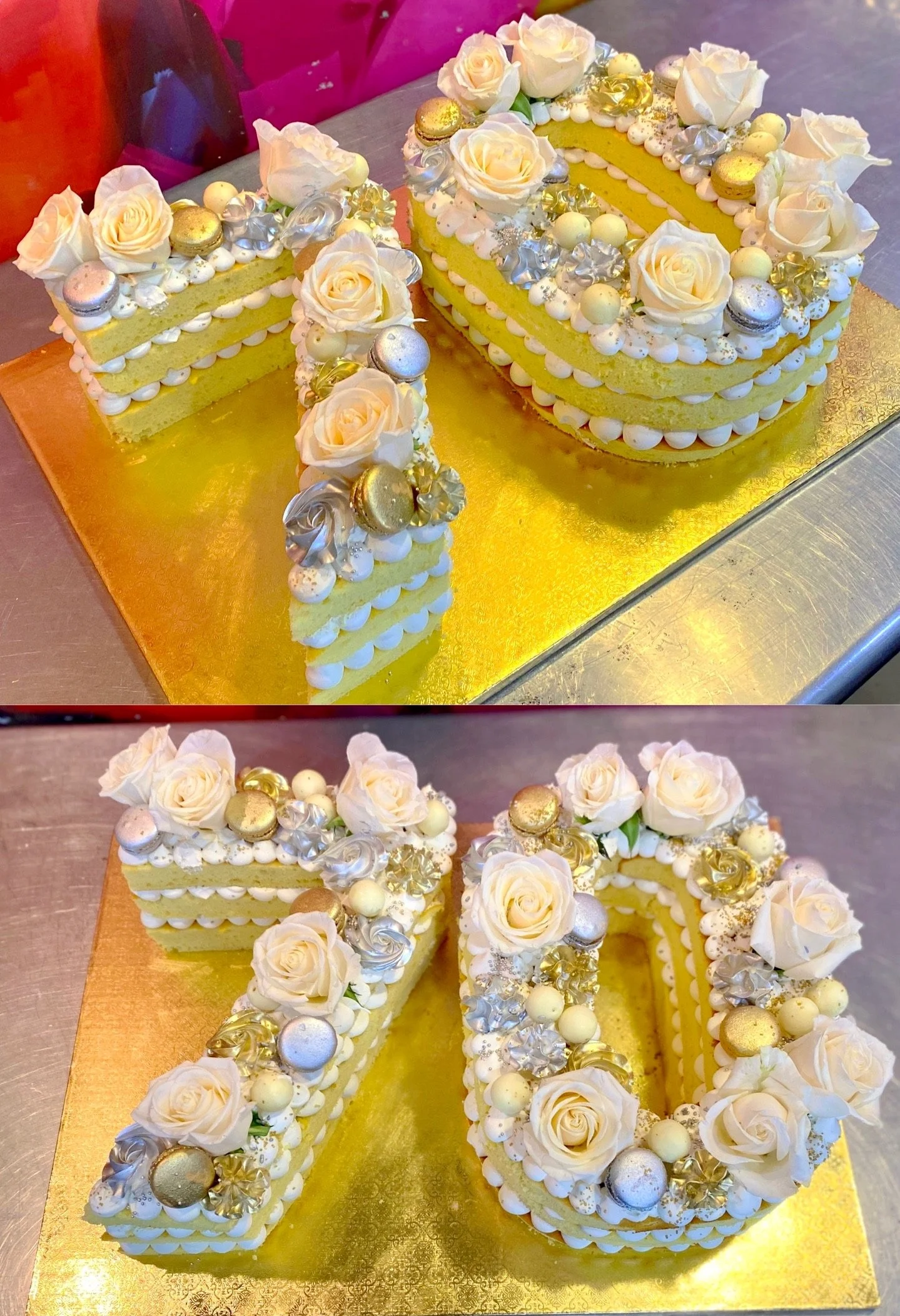 Yellow 21 number shaped cake floral