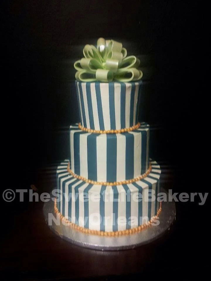 Blue gold striped tiered cake