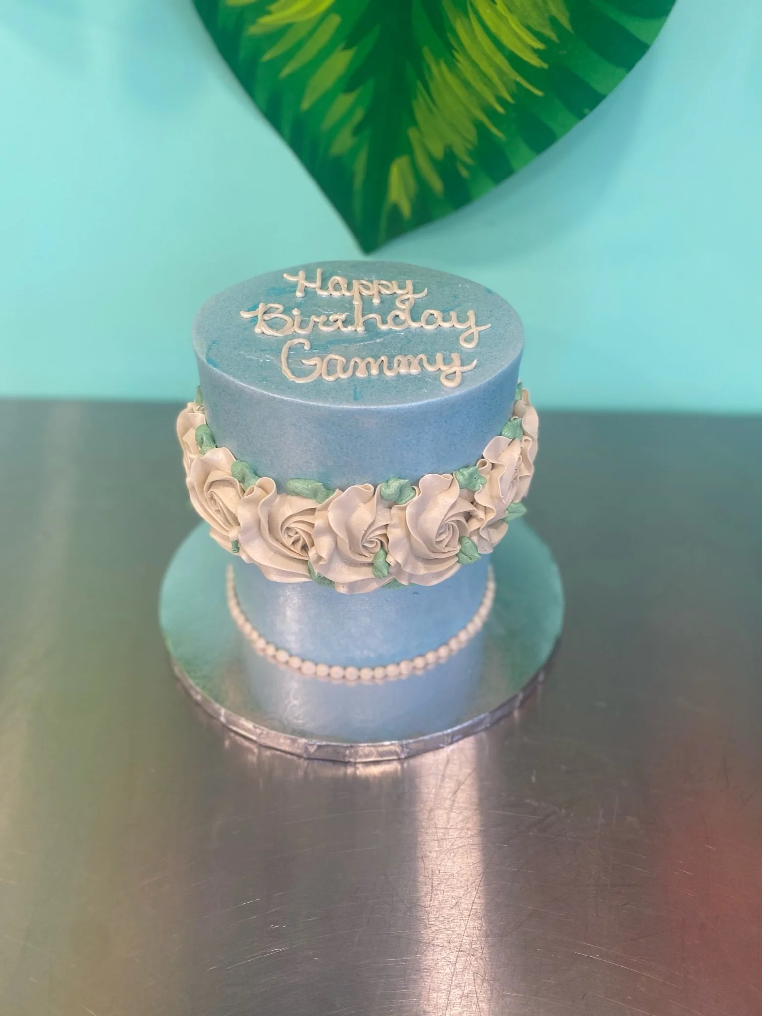 Pale blue gold wedding inspired birthday cake
