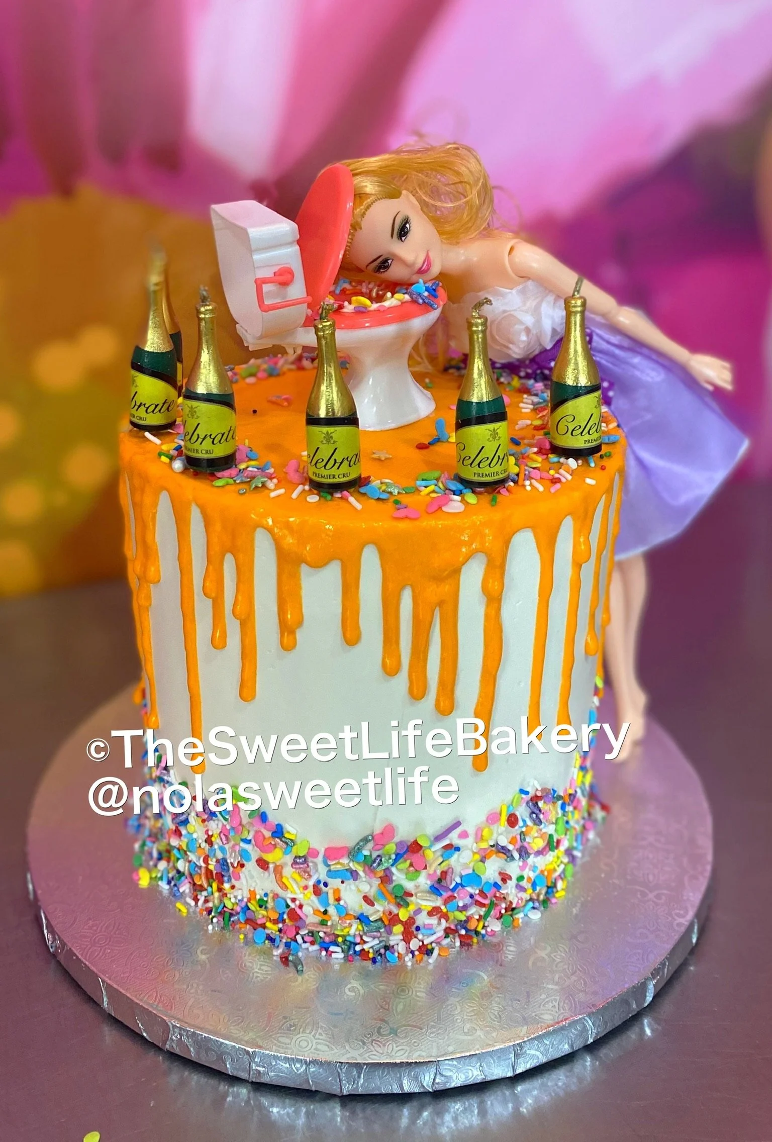 Pink gold confetti cake cartoon character topper
