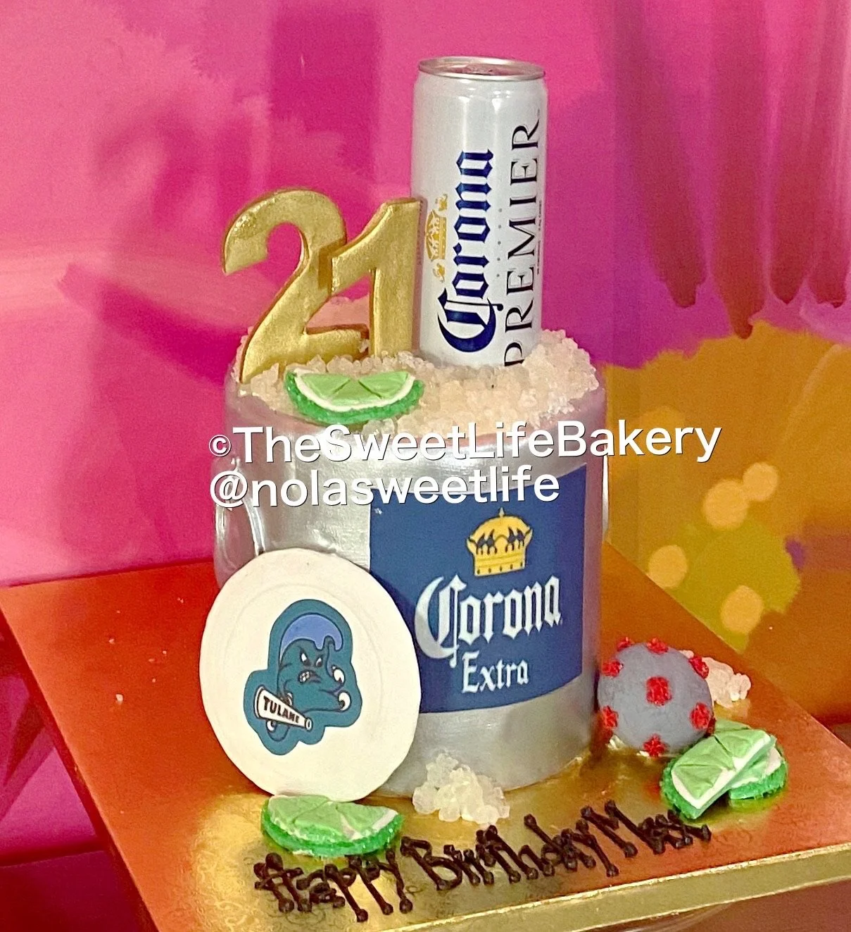 Pink gold twenty first birthday champagne themed cake