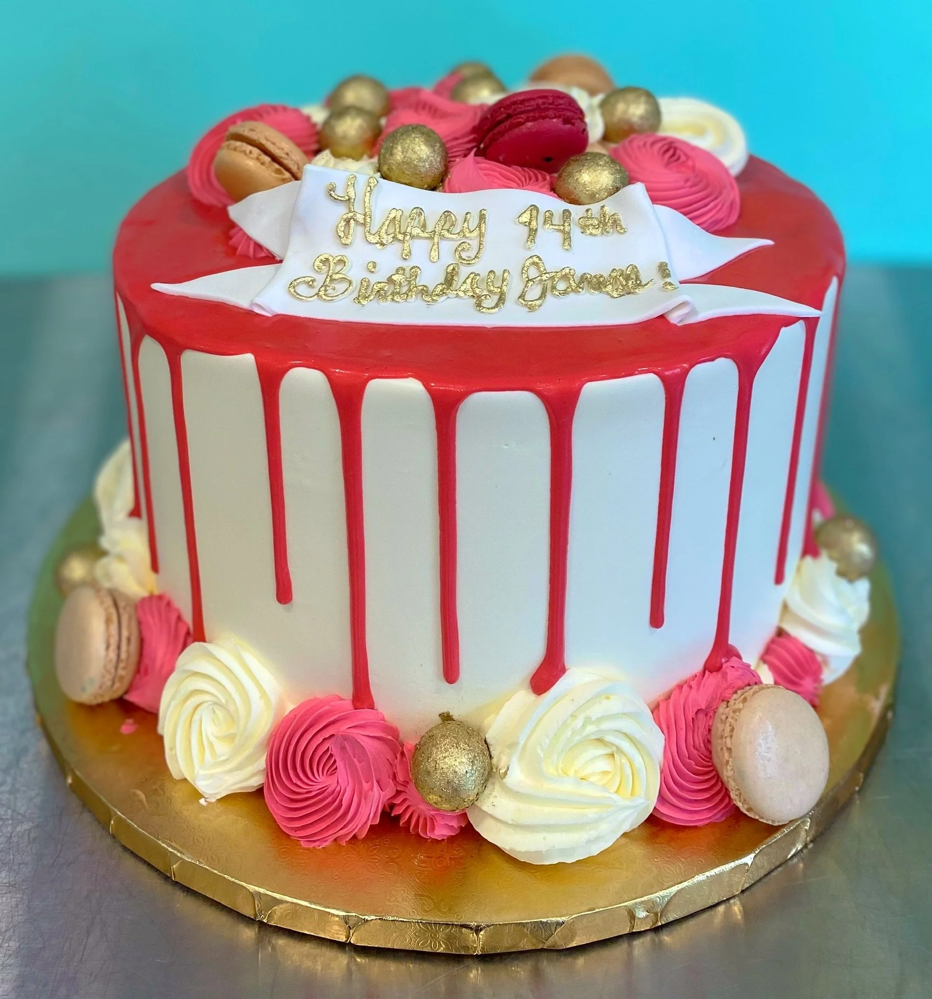 White pink gold drip fruit cake strawberries