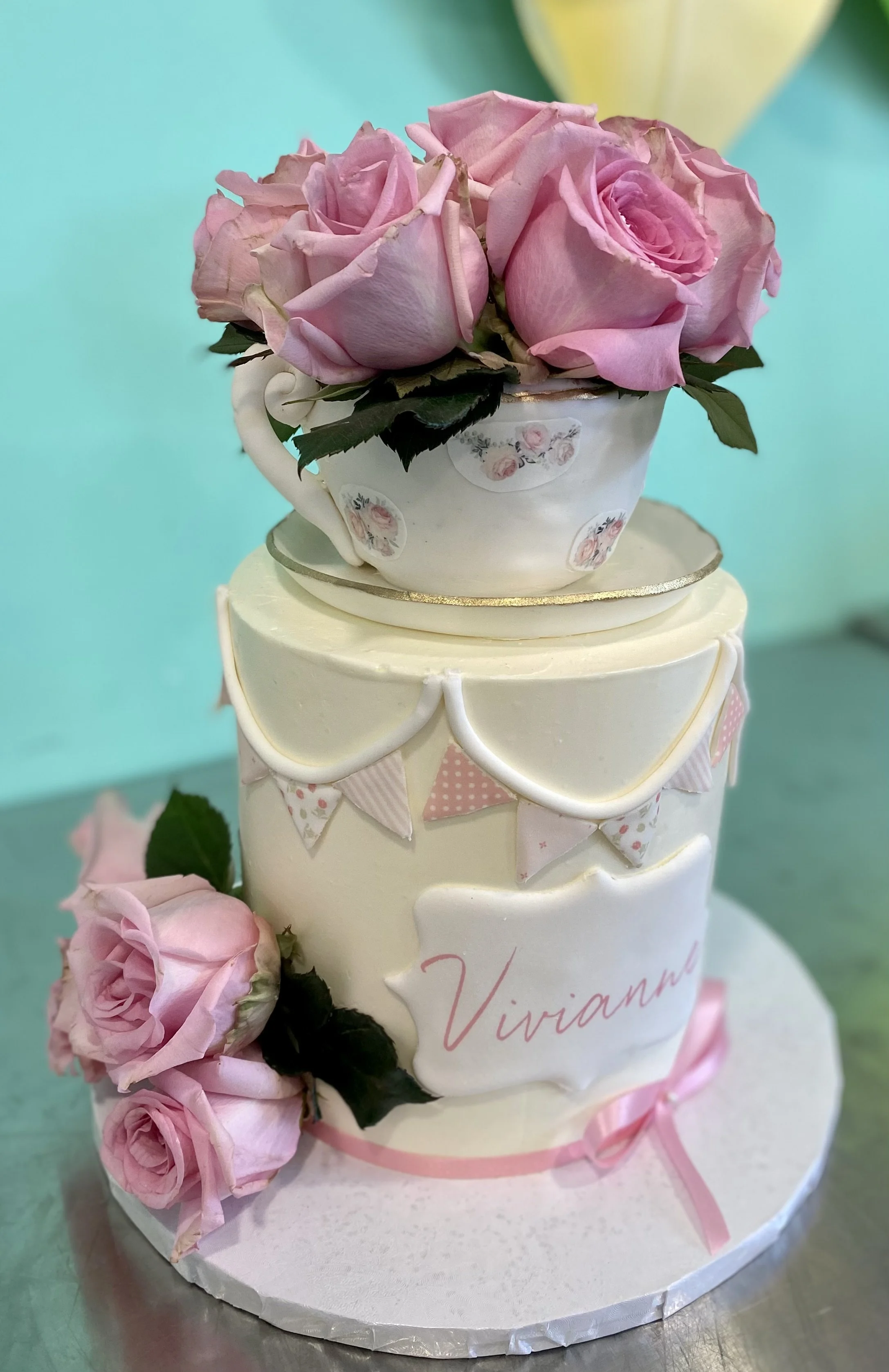 White pale pink floral romantic cake
