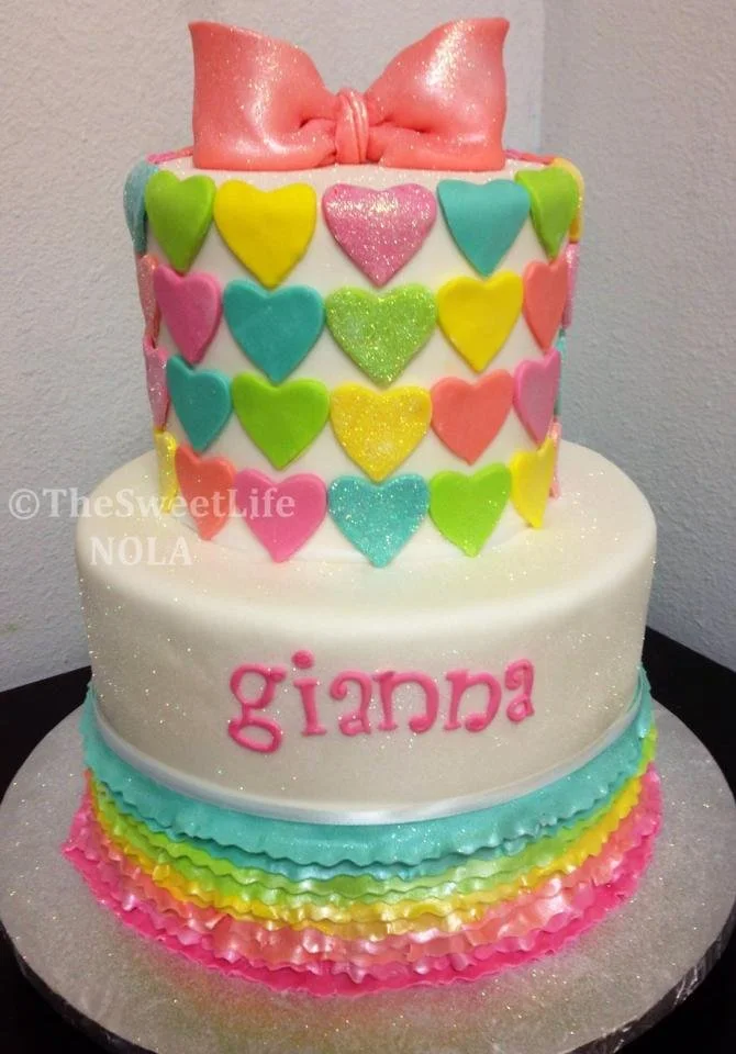 Rainbow colorful hearts two tier cake