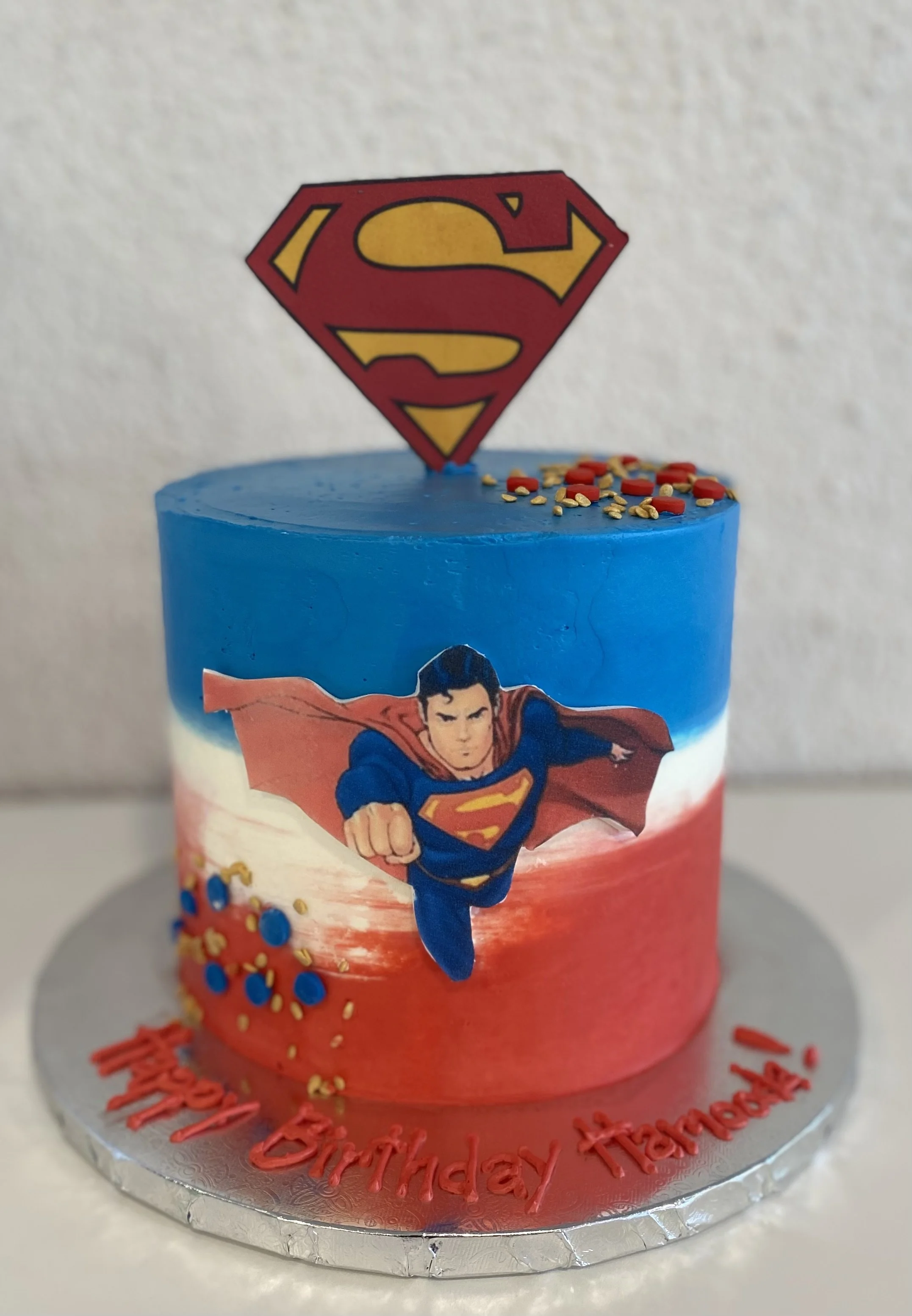 Superman superhero emblem two tier cake