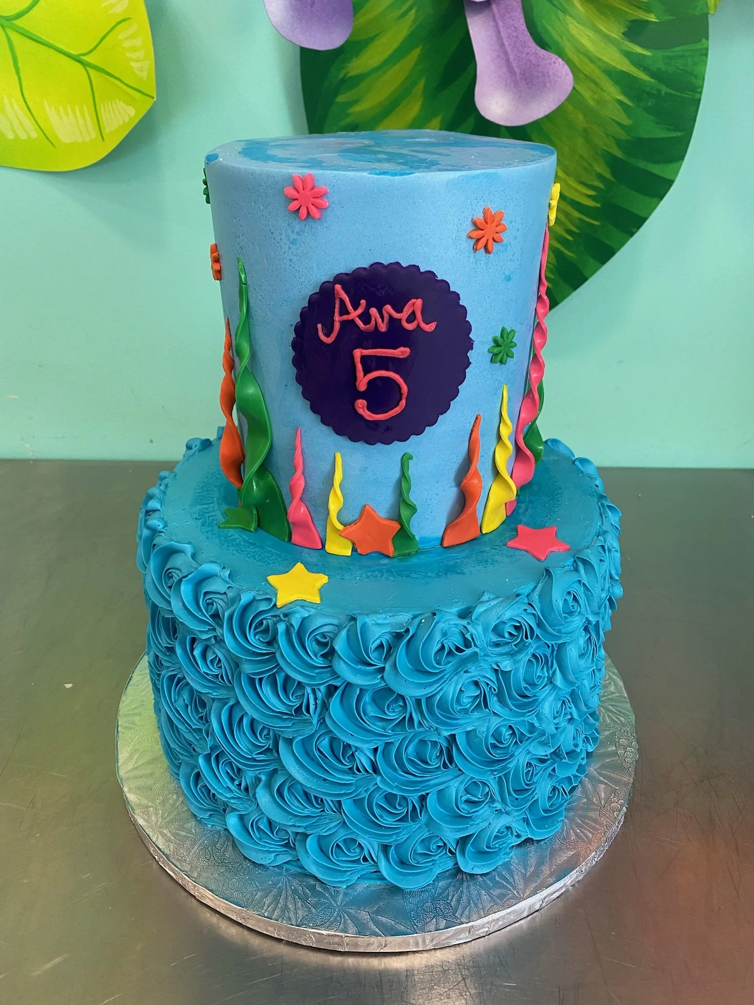 Blue under the sea ocean birthday cake number five