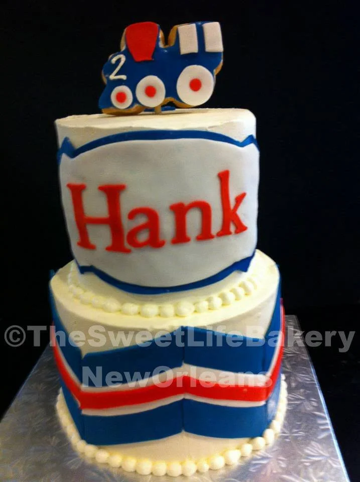White blue patriotic train birthday cake name hank