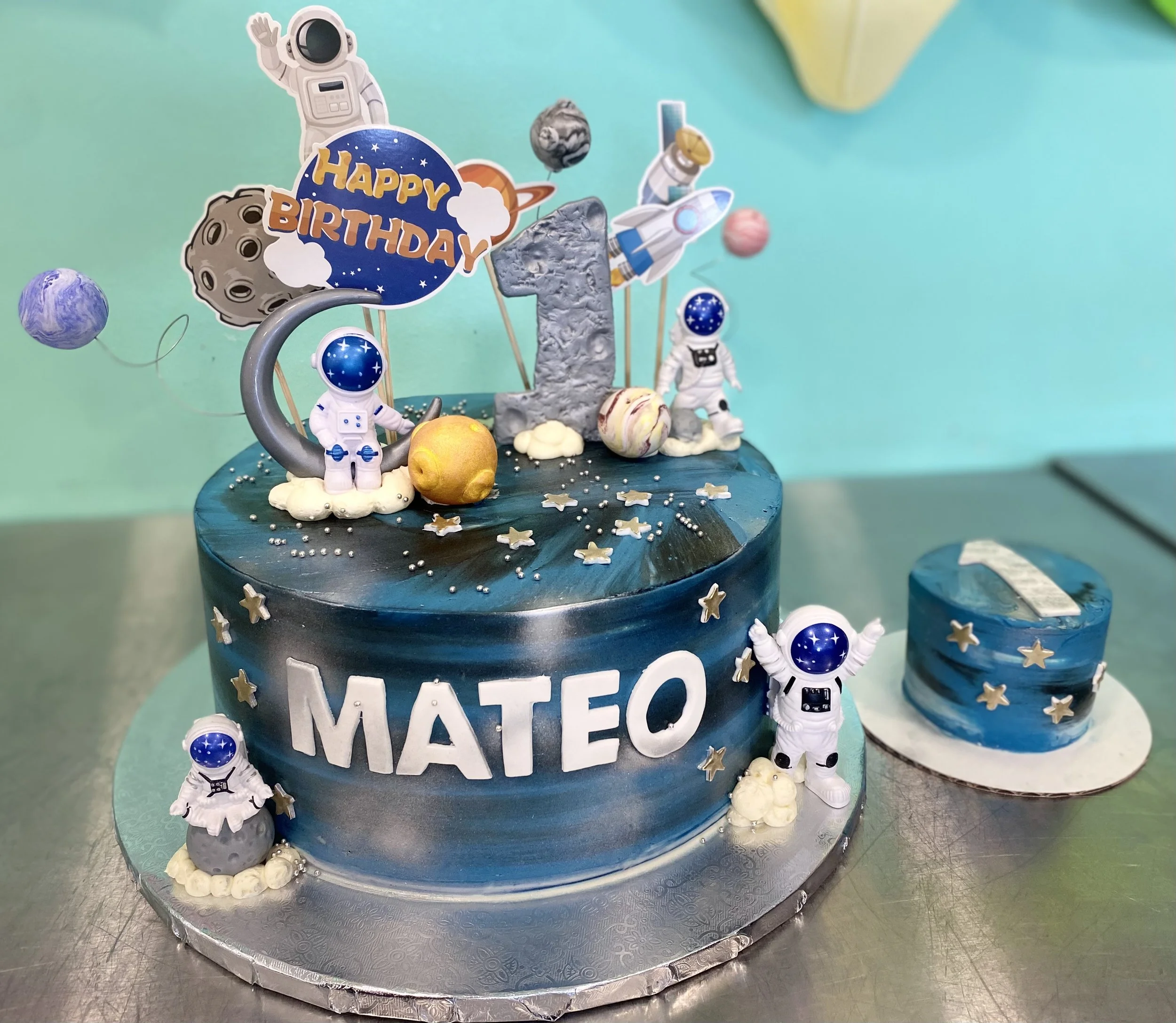 Blue silver under sea ocean figurines two tier cake