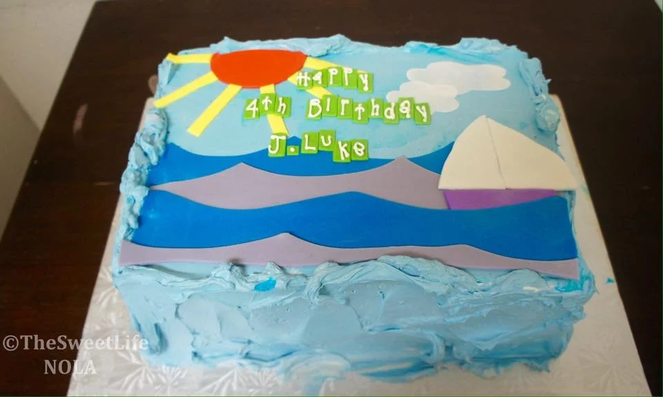 Blue white beach ocean rectangular birthday cake