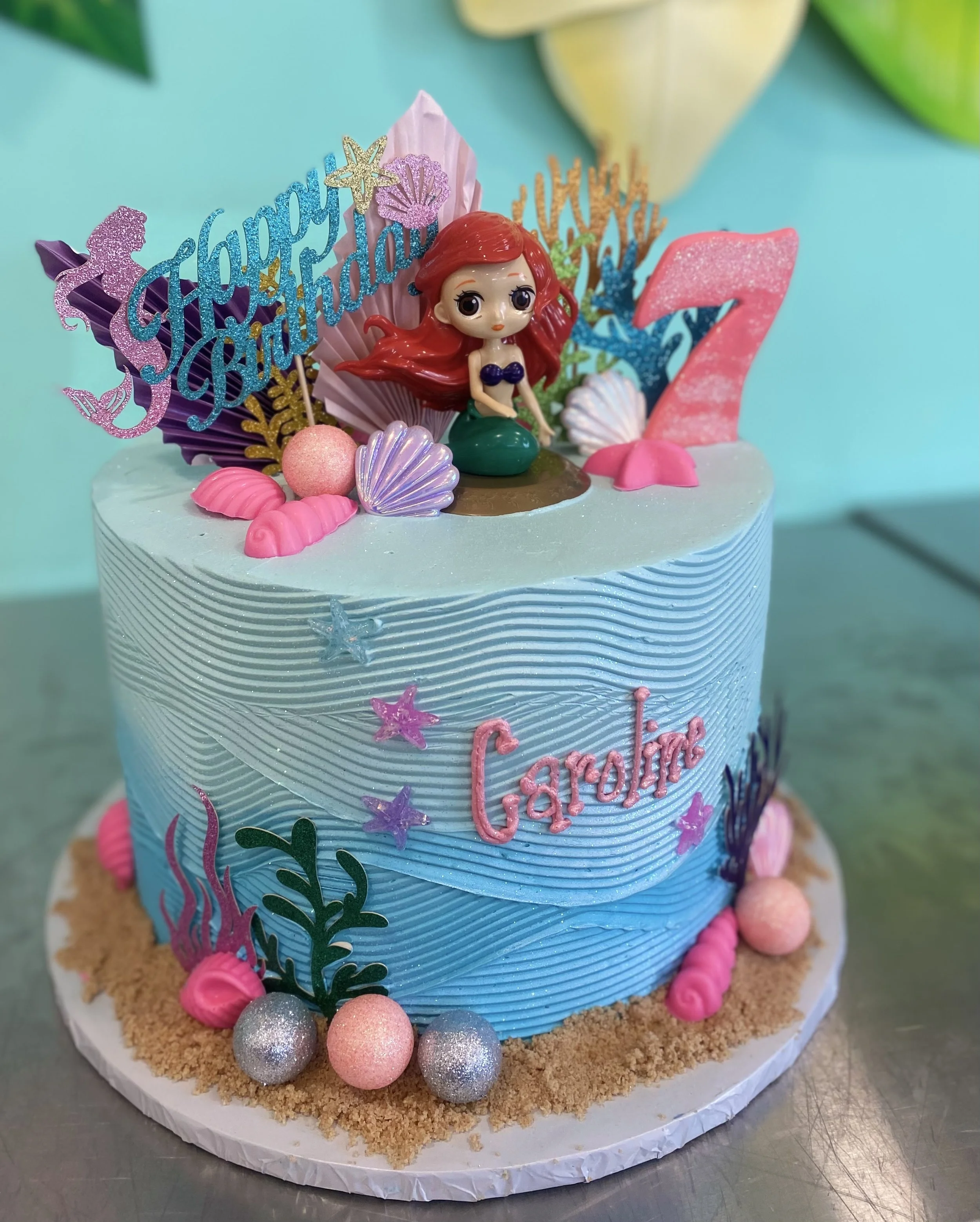 Blue pink mermaid under the sea birthday cake