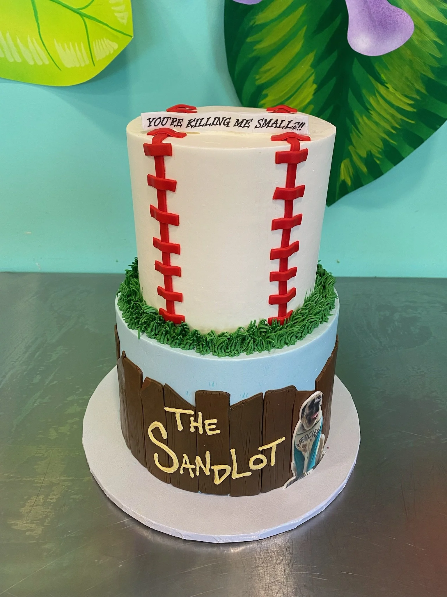 White baseball themed birthday cake stitched ball