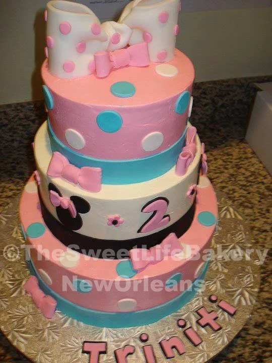 Pink blue gray patterned kids three tier birthday cake