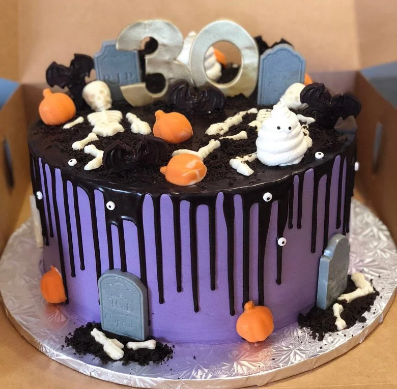 Purple halloween cake black spooky graveyard ghost
