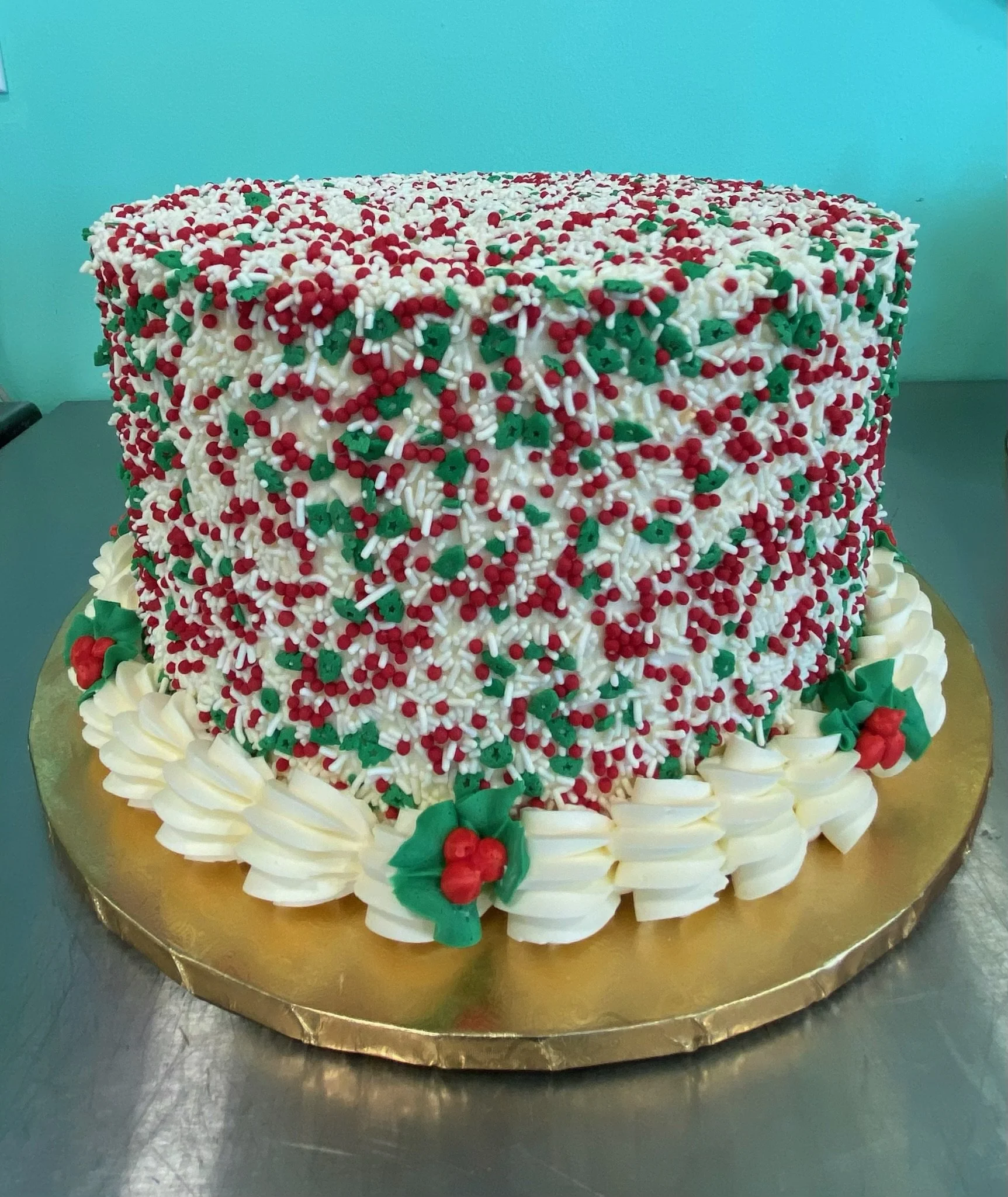 Red green white christmas sprinkles cake