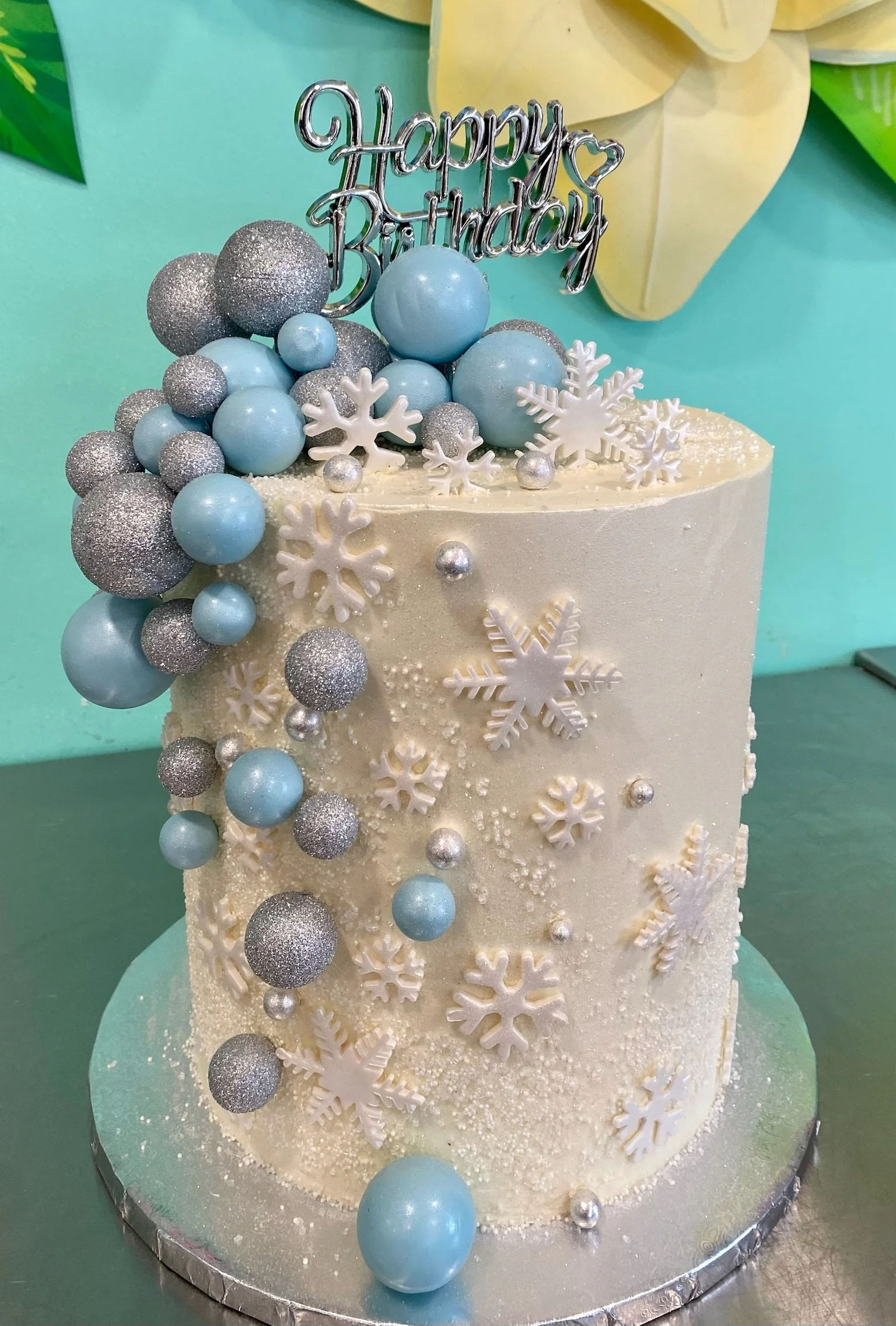 Blue white winter snowflakes birthday cake