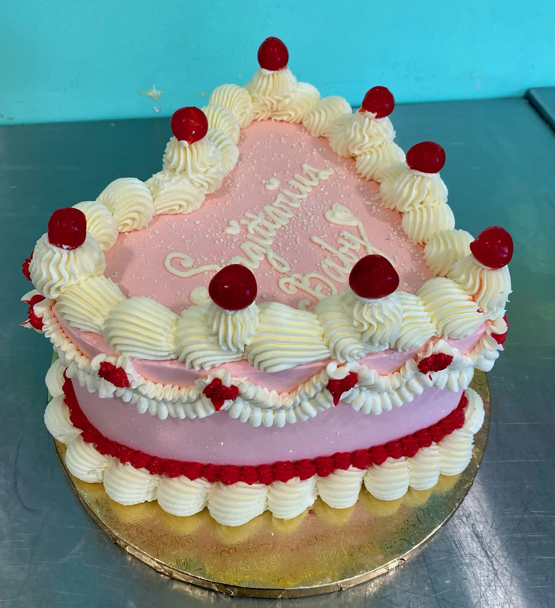 White pink red strawberries love valentines cake