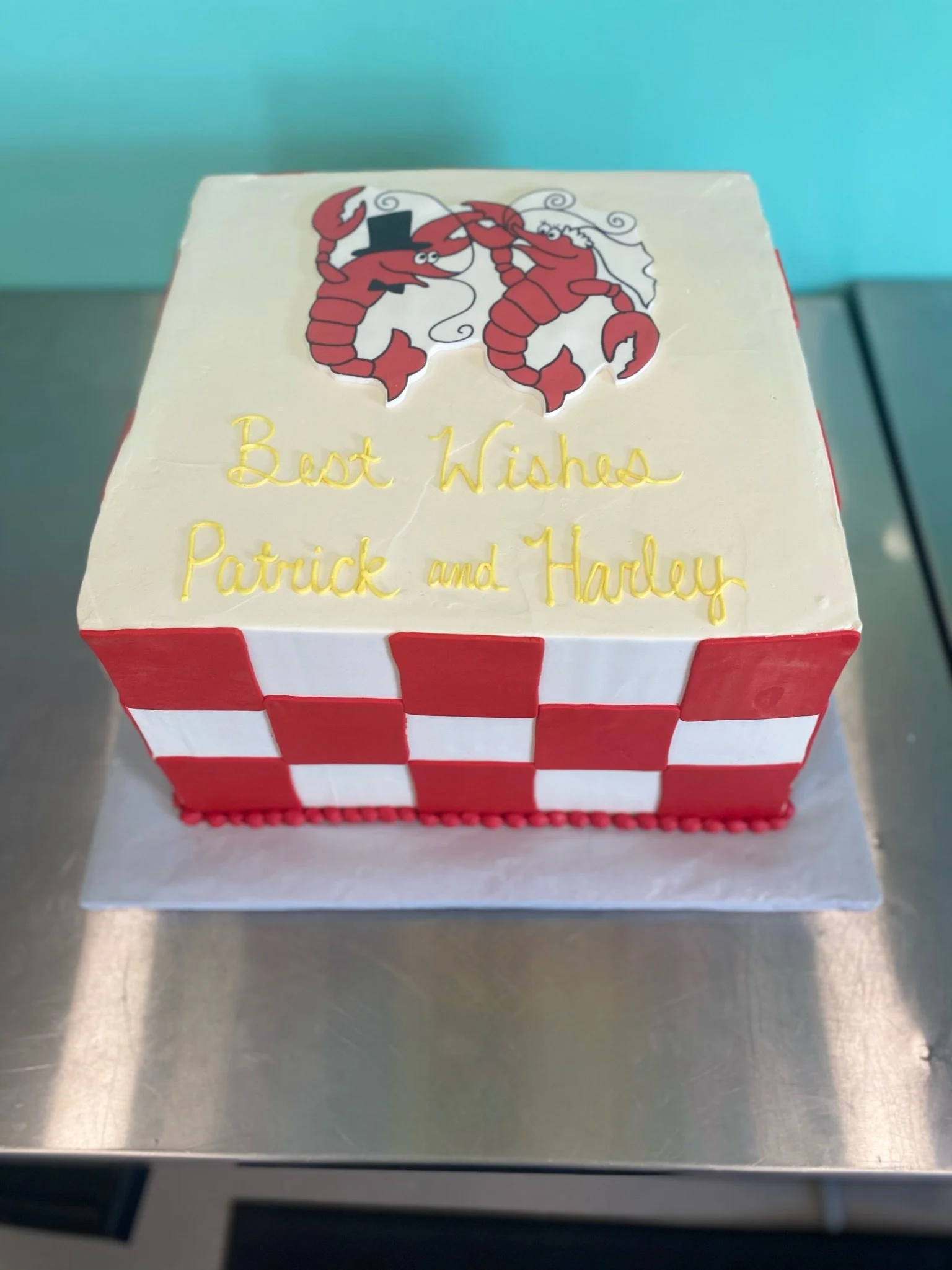 Red white checkered graduation cake
