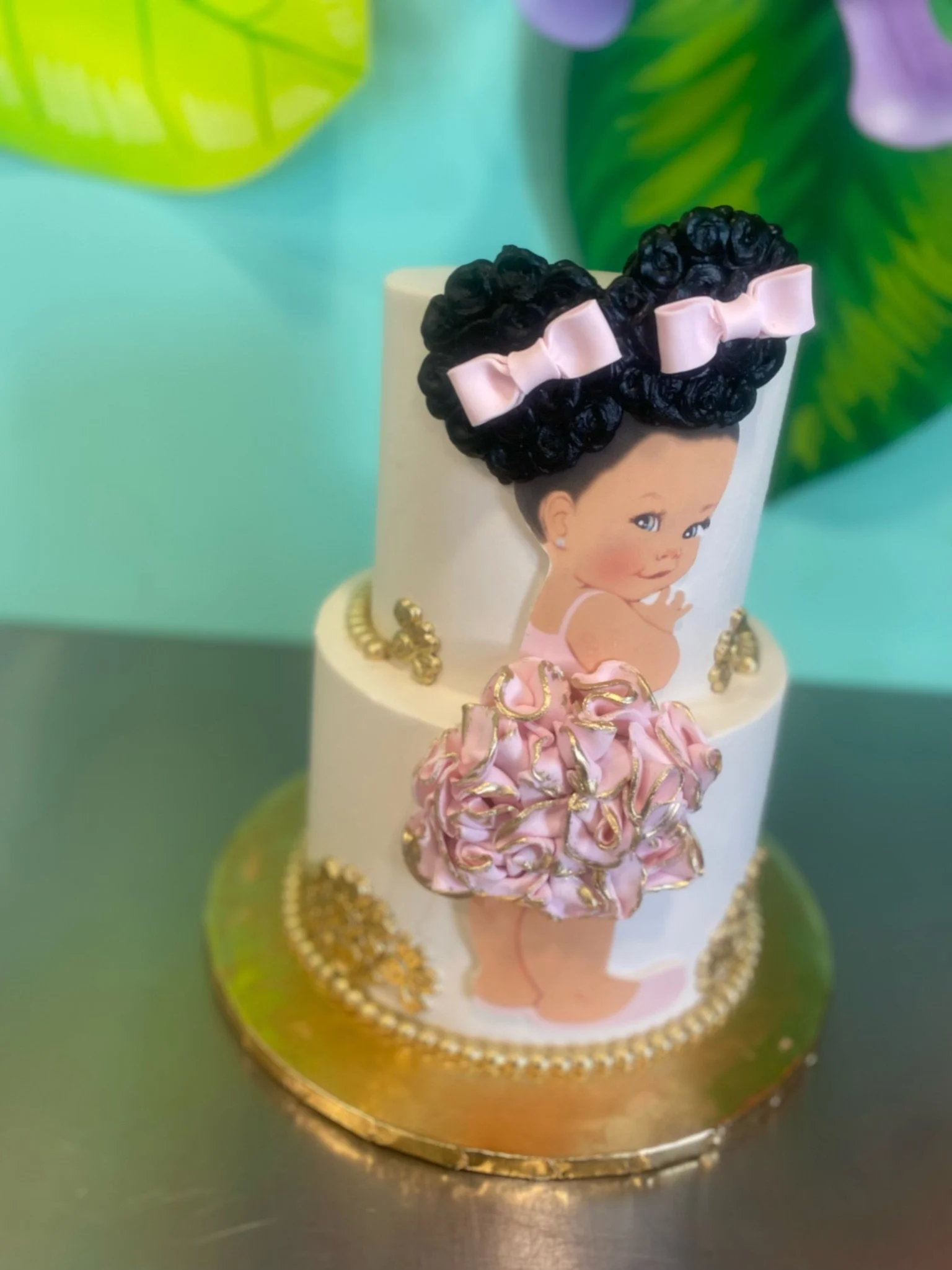 Pastel blue pink baby shower girl cake bow