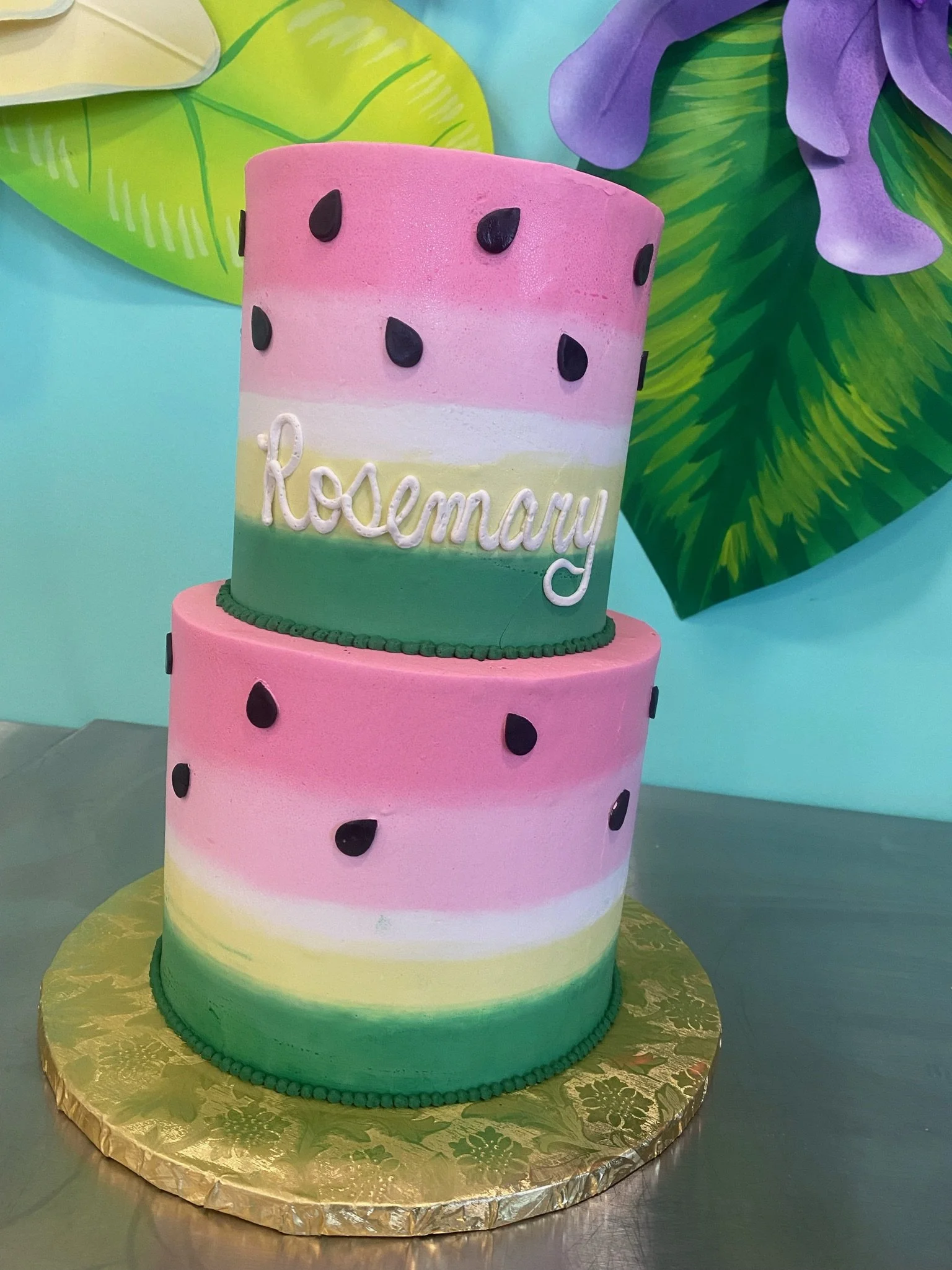 Pink green watermelon print baby shower cake