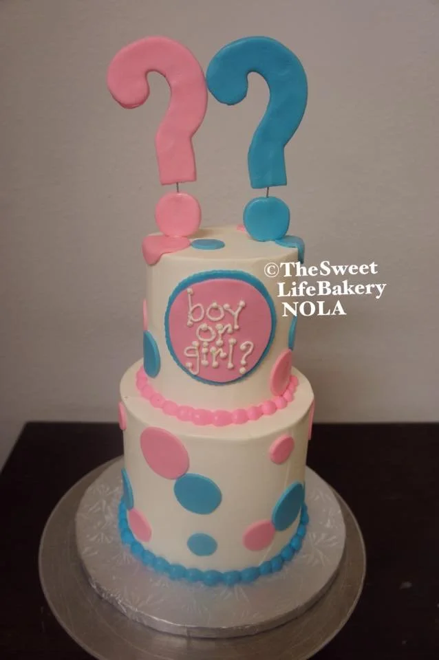 Pink blue gender reveal cake question marks