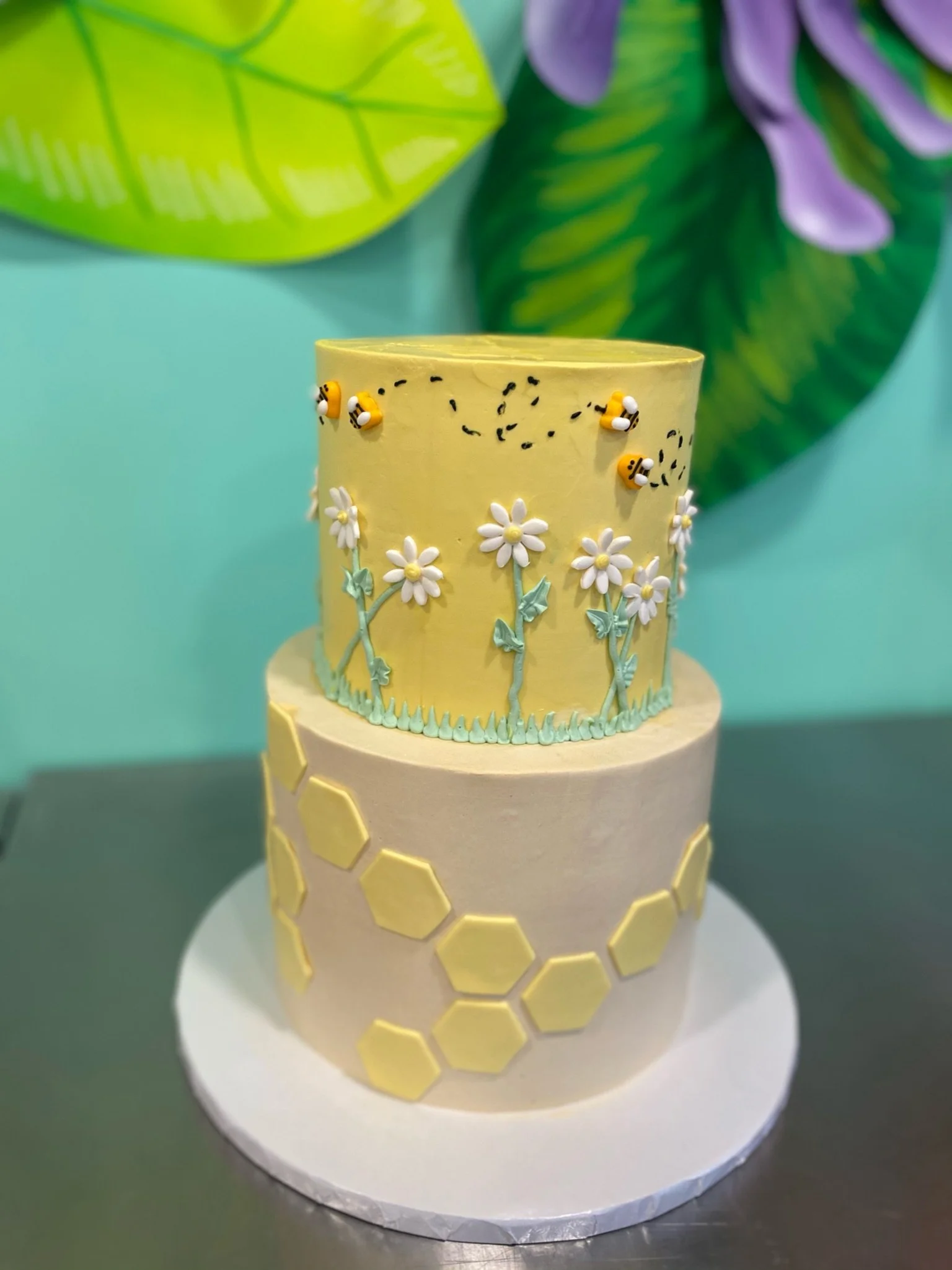 White yellow baby shower cake honeycomb