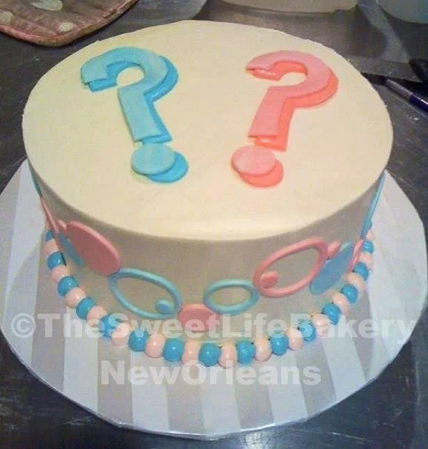 Blue pink gender reveal question marks cake